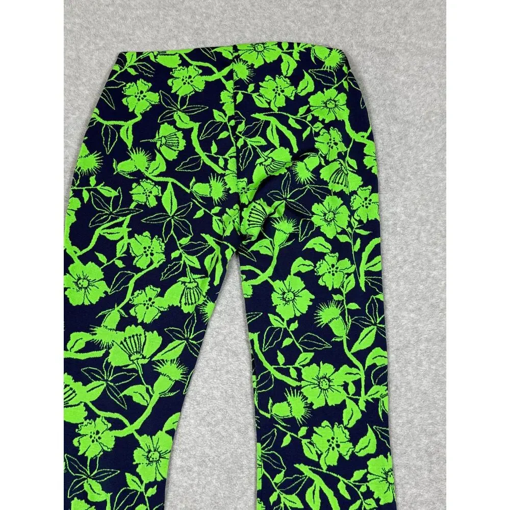 Zara Womens Size L Green Blue Jacquard Floral Print Flare Pull On Pants - Picture 7 of 9